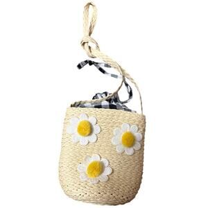 Straw Daisy Crossbody Bag with Gingham Lining, Boho Cottagecore Small Purse